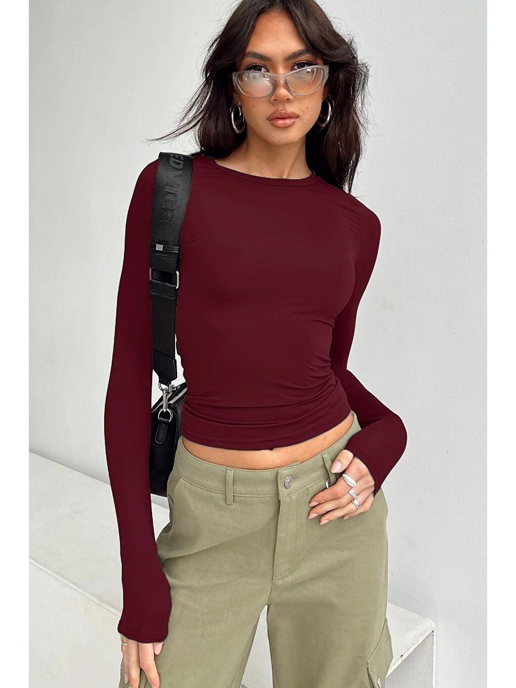 Trendseninle Bordo Bisiklet Yaka Basic Uzun Kollu Body Bluz