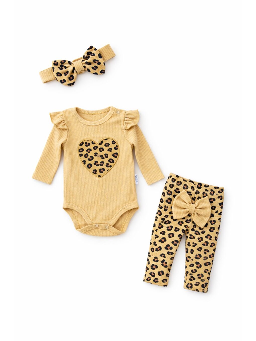 Kahverengi Tatlı Kız Bebek Kalpli Leopar Desenli Tarz Fitilli 3’lü Takım Saç Bantlı Kombin-7