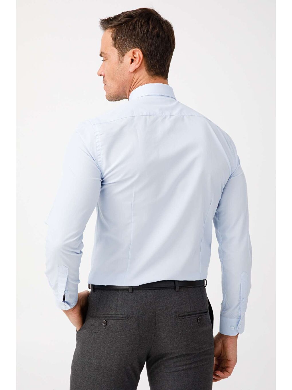 Açık Mavi Slim Fit Dar Kalıp Klasik Yaka Düz Uzun Kollu Cepsiz Kolay Ütülenir Gömlek-5
