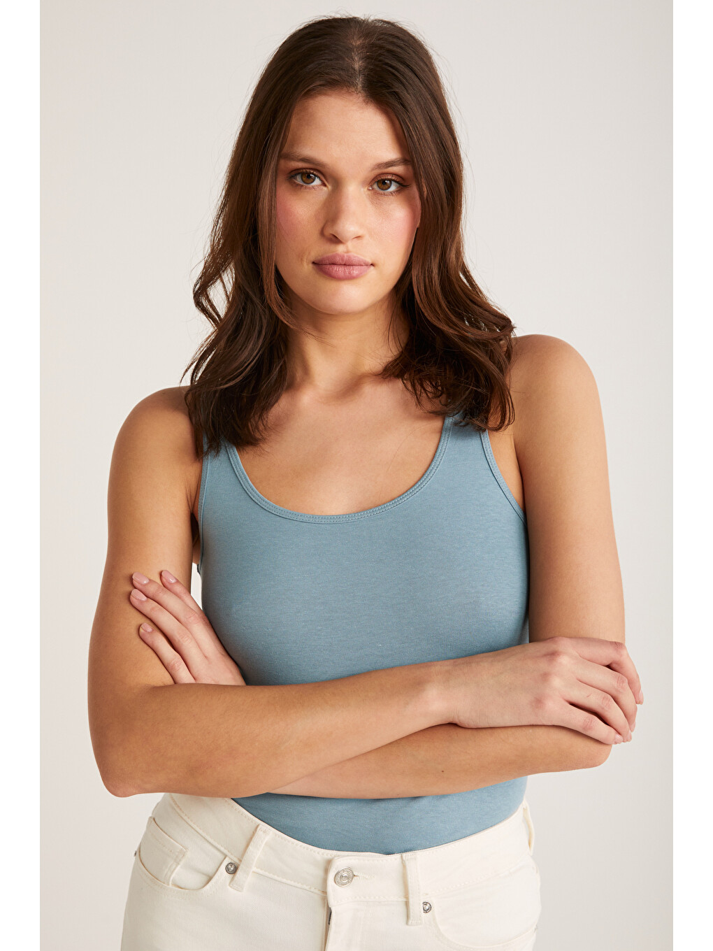 Jayla Kadın Pamuklu Slim Fit Dar Kesim Kalın Askılı Oyuk Yaka Örme Mint Yeşil Atlet-1