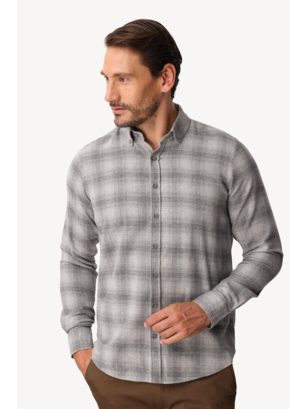 Gri Dynamic Fit Düğmeli Yaka Ekose Uzun Kollu Pamuklu Gömlek-1