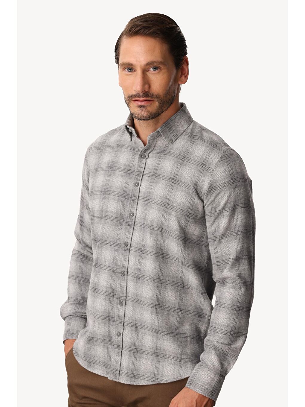 Gri Dynamic Fit Düğmeli Yaka Ekose Uzun Kollu Pamuklu Gömlek-2