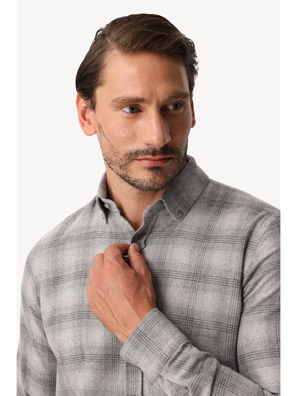 Gri Dynamic Fit Düğmeli Yaka Ekose Uzun Kollu Pamuklu Gömlek-3