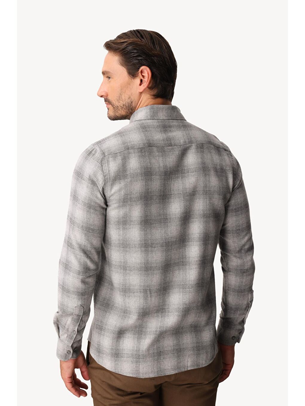 Gri Dynamic Fit Düğmeli Yaka Ekose Uzun Kollu Pamuklu Gömlek-4