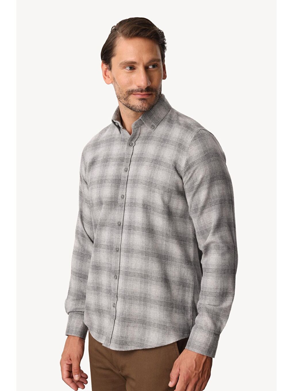 Gri Dynamic Fit Düğmeli Yaka Ekose Uzun Kollu Pamuklu Gömlek-5