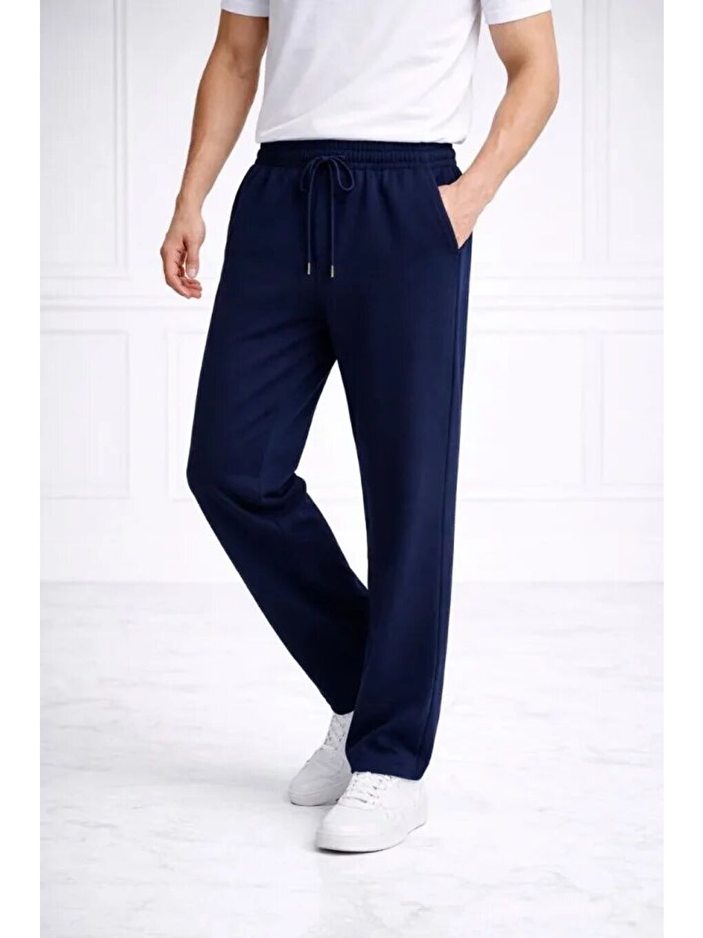 Erkek Düz Paça Beli Lastikli İpli Günlük Spor Eşofman Altı Rahat Fit - Lacivert-2