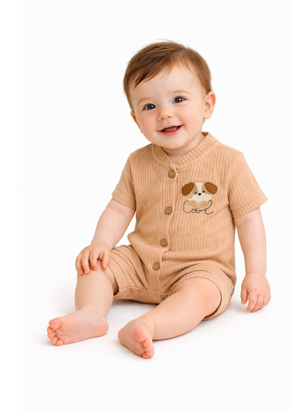 Bej Tatlı Erkek Bebek Köpek Nakışlı Tarz Fitilli Tulum Yazlık Şort Tulum-1