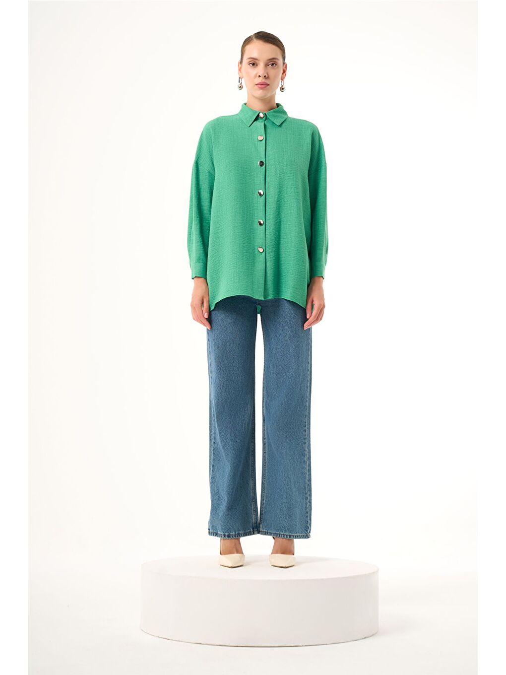 Keten Dokulu Over Yeşil Tunik