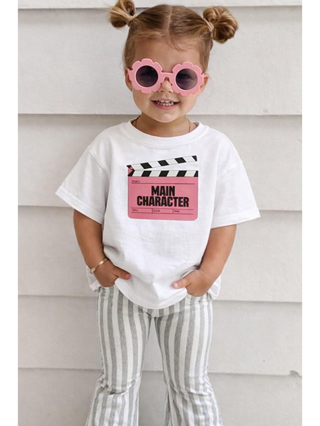 Pembe Unisex Çocuk Pamuklu Bisiklet Yaka Baskılı T-Shirt