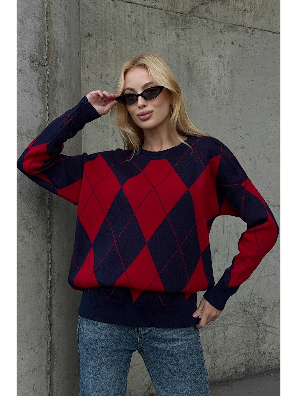 Lacivert-kırmızı Bisiklet Yaka Uzun Kol Baklava Desenli Long Fit Oversize Triko Kazak 74 58-1