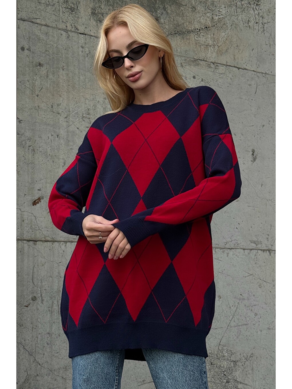 Lacivert-kırmızı Bisiklet Yaka Uzun Kol Baklava Desenli Long Fit Oversize Triko Kazak 74 58-2