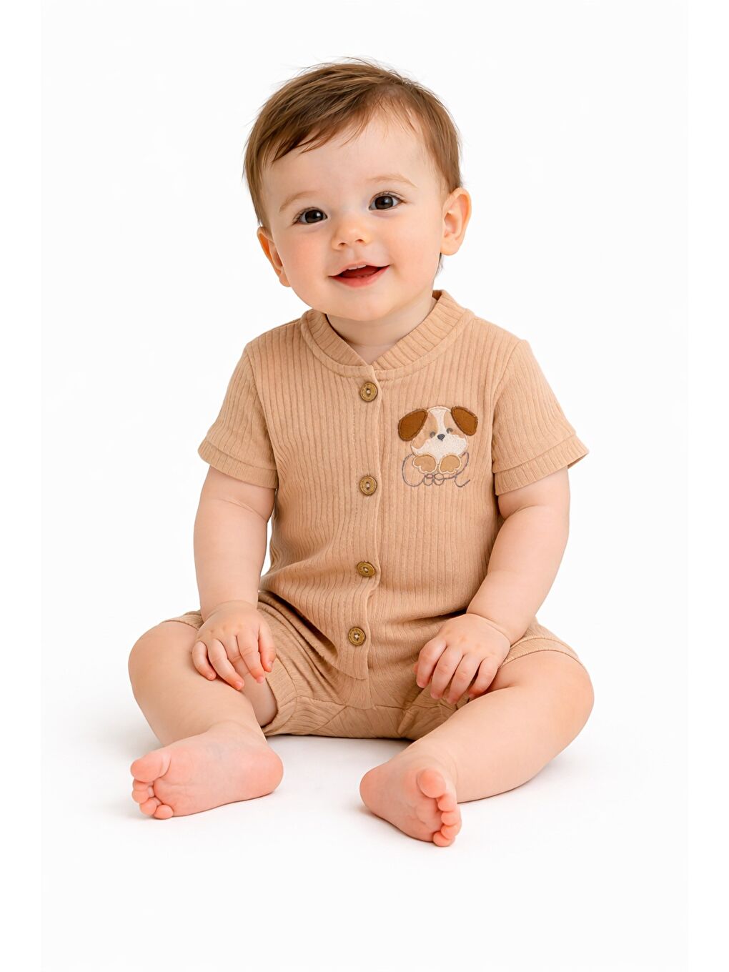 Bej Tatlı Erkek Bebek Köpek Nakışlı Tarz Fitilli Tulum Yazlık Şort Tulum-2