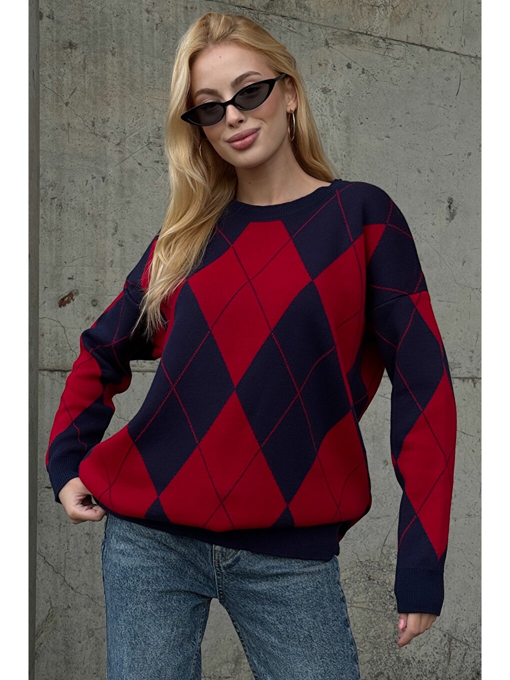 Lacivert-kırmızı Bisiklet Yaka Uzun Kol Baklava Desenli Long Fit Oversize Triko Kazak 74 58-3