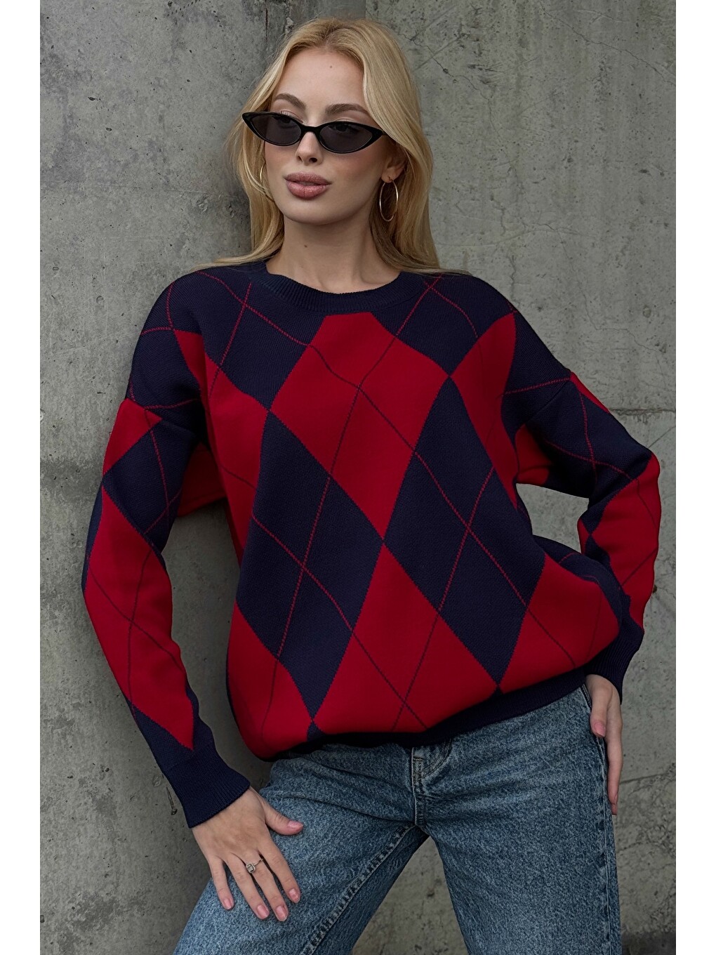 Lacivert-kırmızı Bisiklet Yaka Uzun Kol Baklava Desenli Long Fit Oversize Triko Kazak 74 58-4
