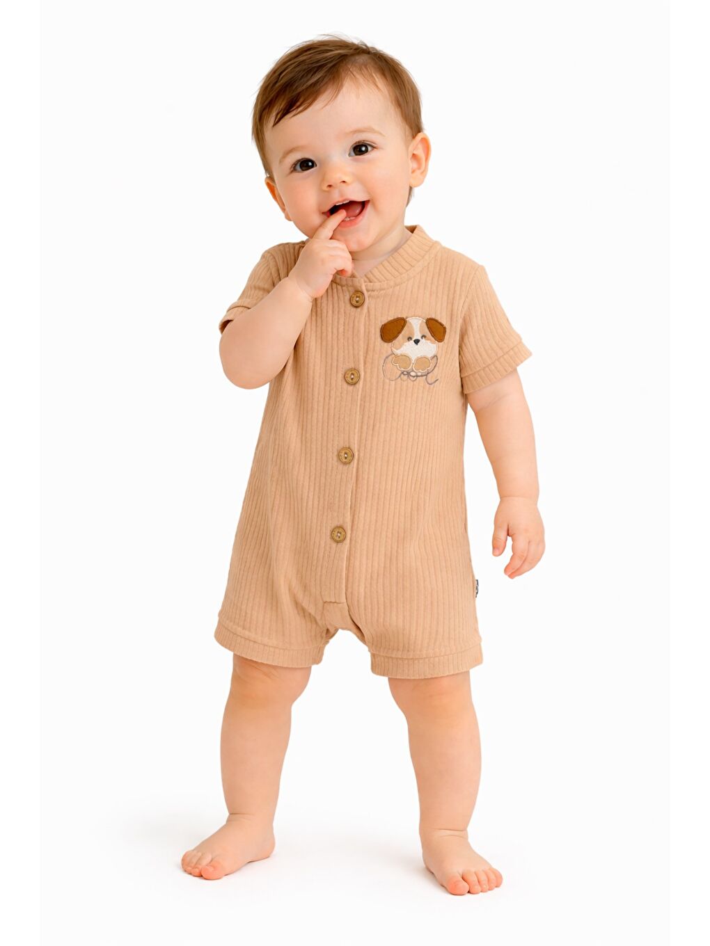 Bej Tatlı Erkek Bebek Köpek Nakışlı Tarz Fitilli Tulum Yazlık Şort Tulum-3