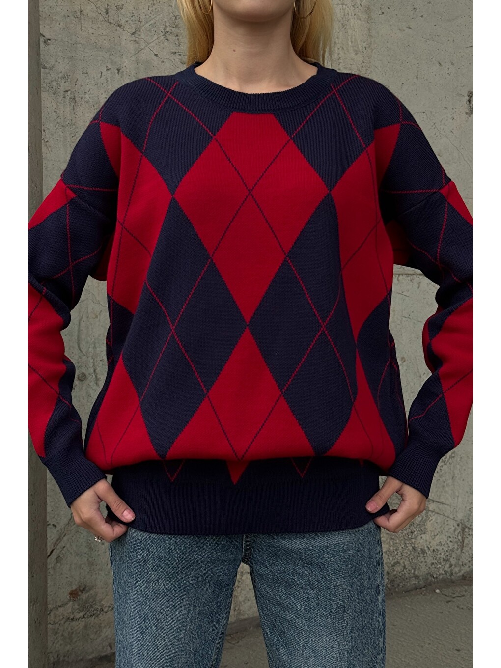 Lacivert-kırmızı Bisiklet Yaka Uzun Kol Baklava Desenli Long Fit Oversize Triko Kazak 74 58-5