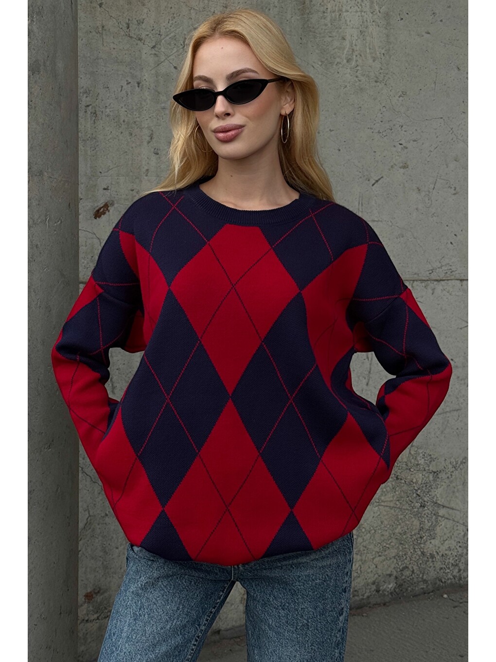 Lacivert-kırmızı Bisiklet Yaka Uzun Kol Baklava Desenli Long Fit Oversize Triko Kazak 74 58-6