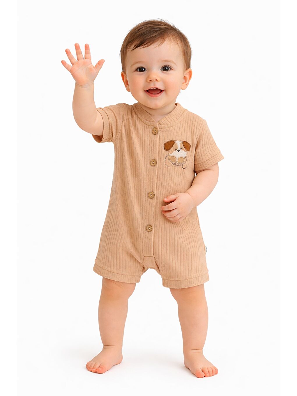 Bej Tatlı Erkek Bebek Köpek Nakışlı Tarz Fitilli Tulum Yazlık Şort Tulum-4