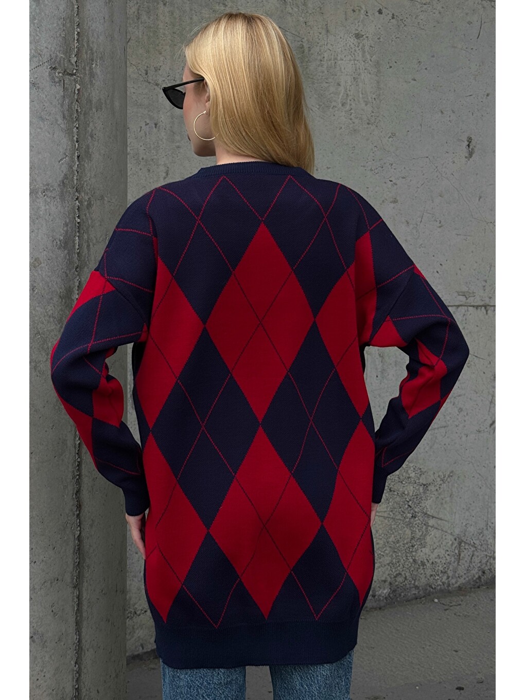 Lacivert-kırmızı Bisiklet Yaka Uzun Kol Baklava Desenli Long Fit Oversize Triko Kazak 74 58-7