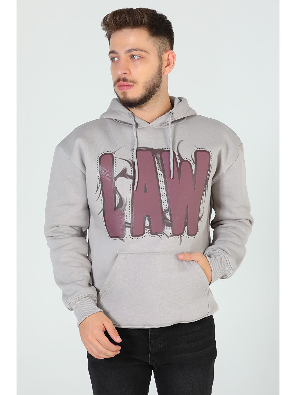 Mishar İtalia Gri Erkek Kapüşonlu Baskılı Üç İplik Şardonlu Oversize Sweatshirt