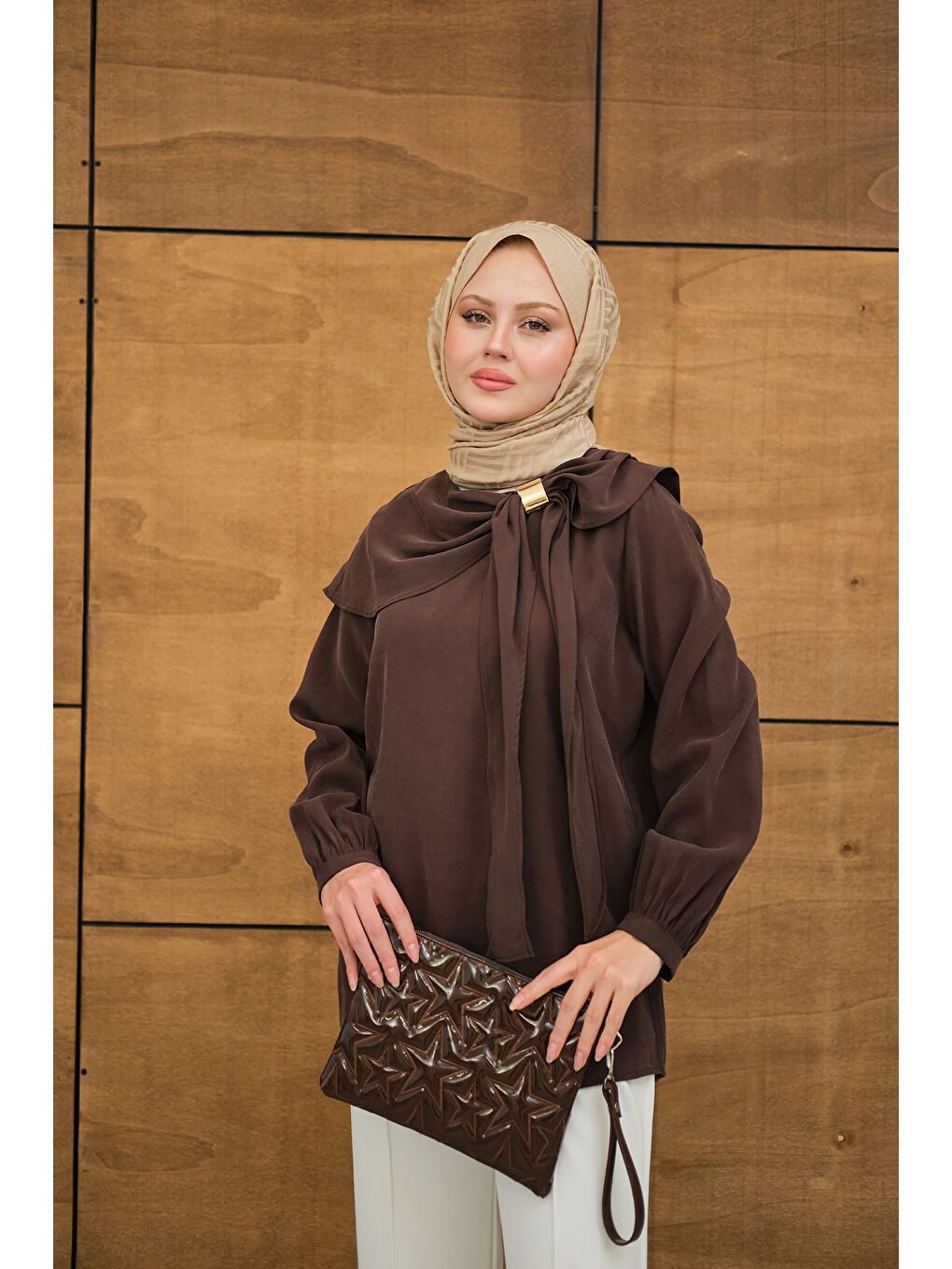 Kadın Fular Yaka Cupra Gömlek Kahverengi