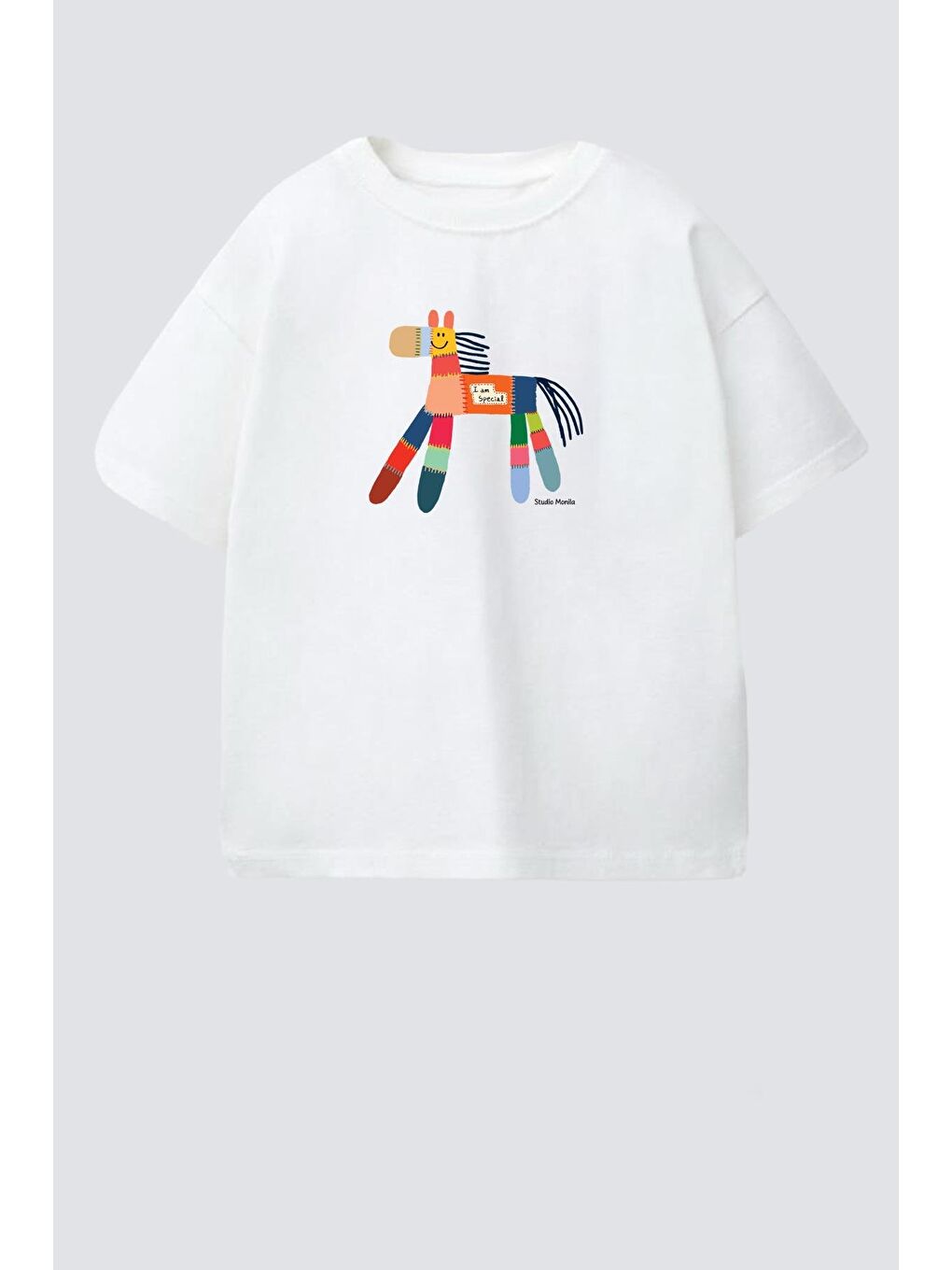 Ekru Unisex Çocuk Pamuklu Bisiklet Yaka Baskılı T-Shirt