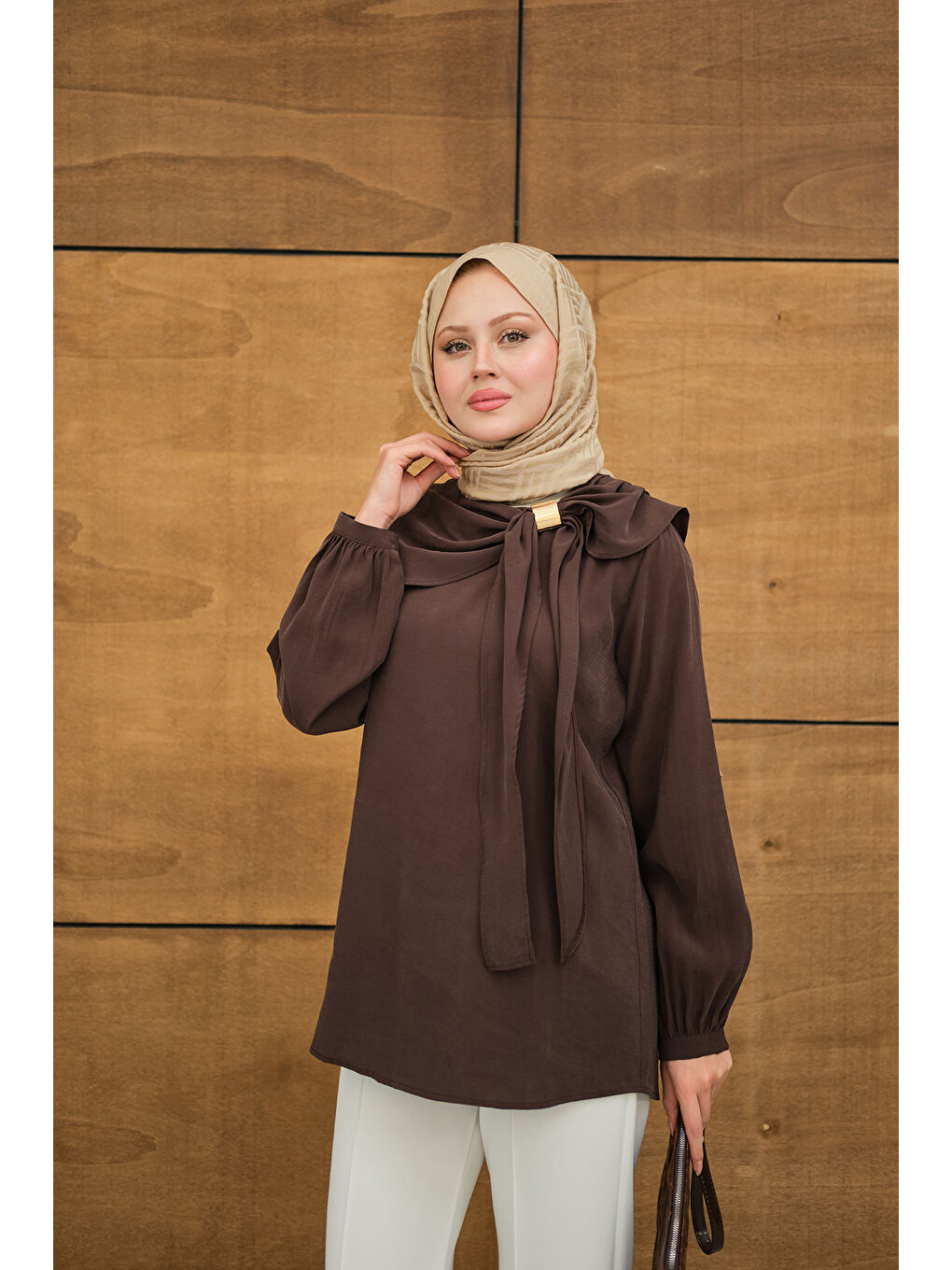 Kadın Fular Yaka Cupra Gömlek Kahverengi-1