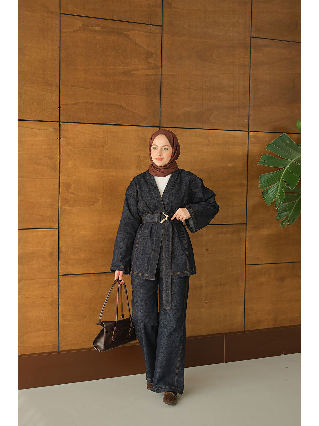 Kadın Bel Bağlamalı Kimono Takım Lacivert-3