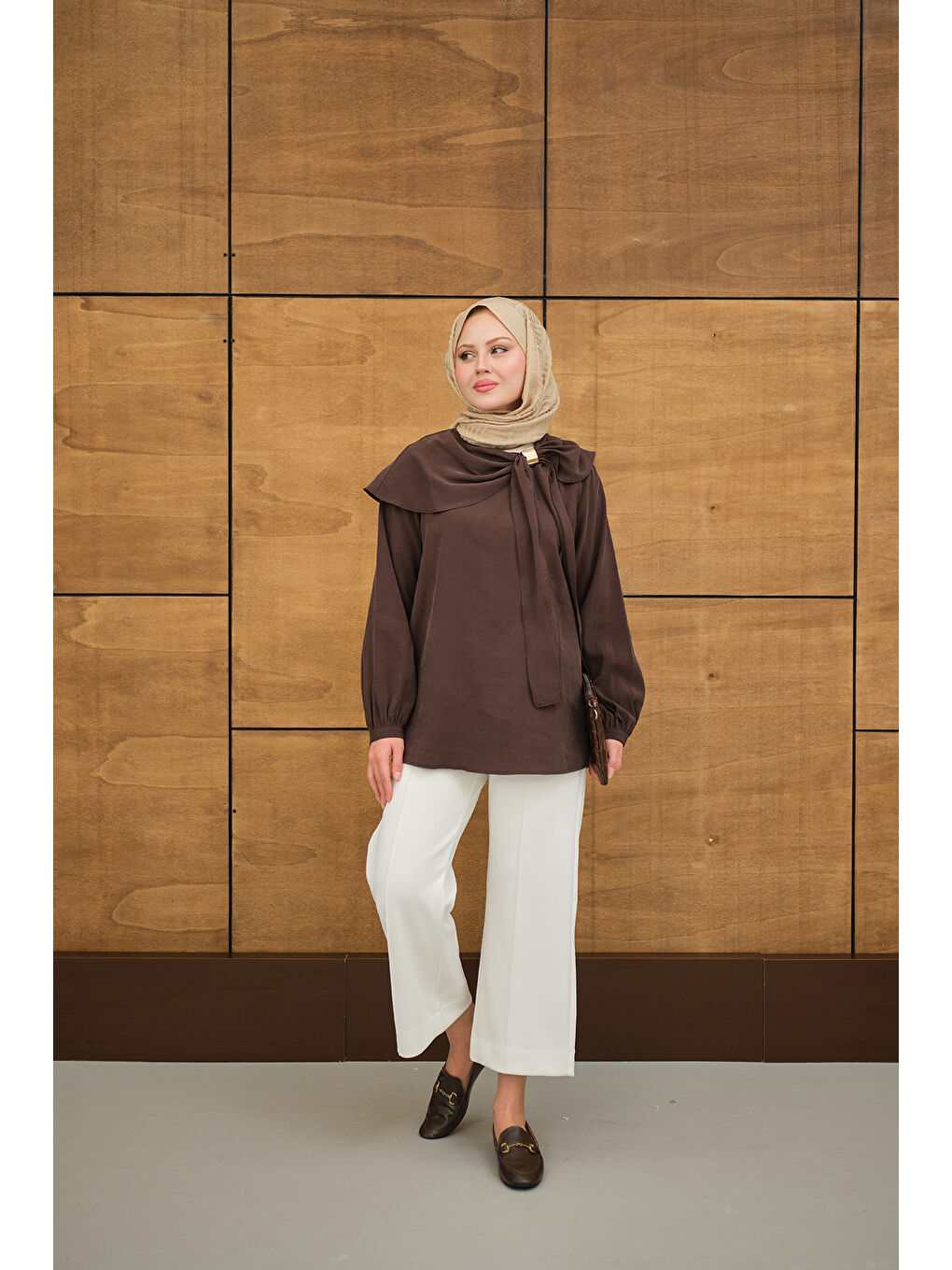 Kadın Fular Yaka Cupra Gömlek Kahverengi-2