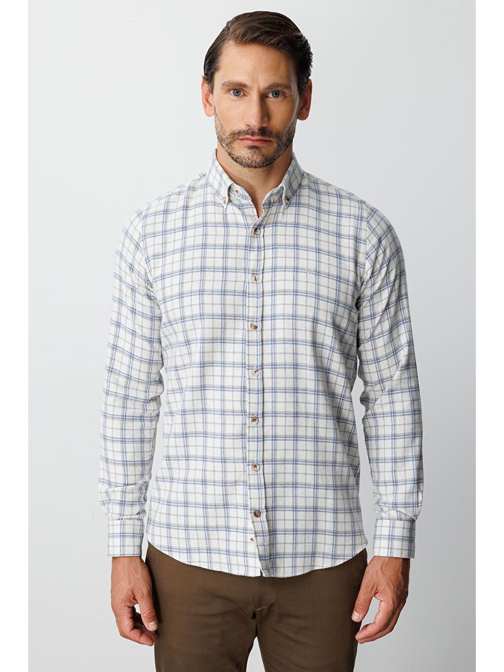 Kahverengi Ekru Dynamic Fit Düğmeli Yaka Ekose Uzun Kollu Pamuklu Gömlek