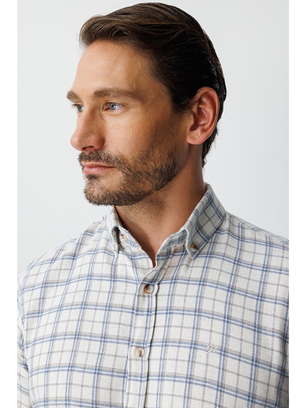 Kahverengi Ekru Dynamic Fit Düğmeli Yaka Ekose Uzun Kollu Pamuklu Gömlek-1