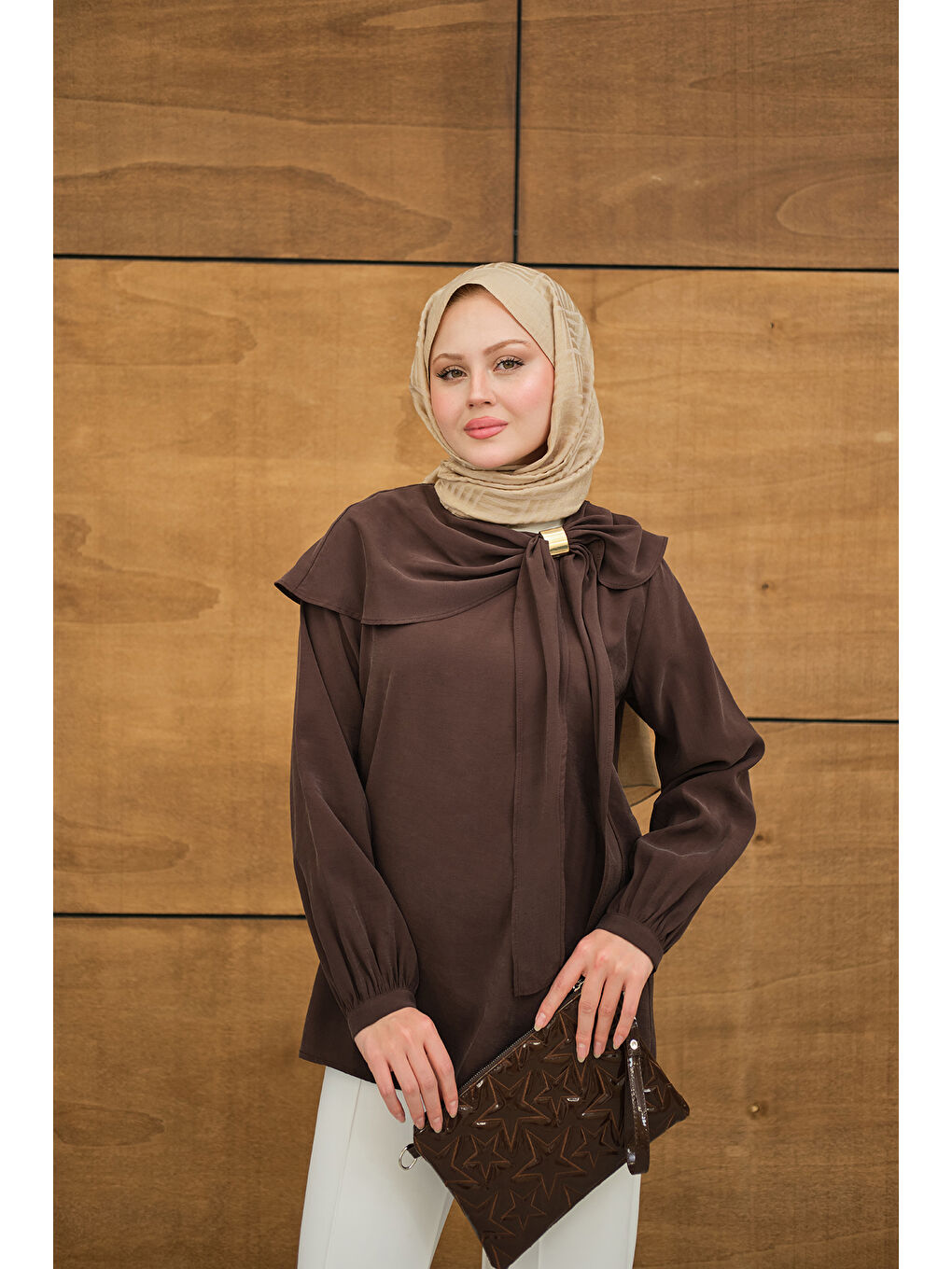 Kadın Fular Yaka Cupra Gömlek Kahverengi-4