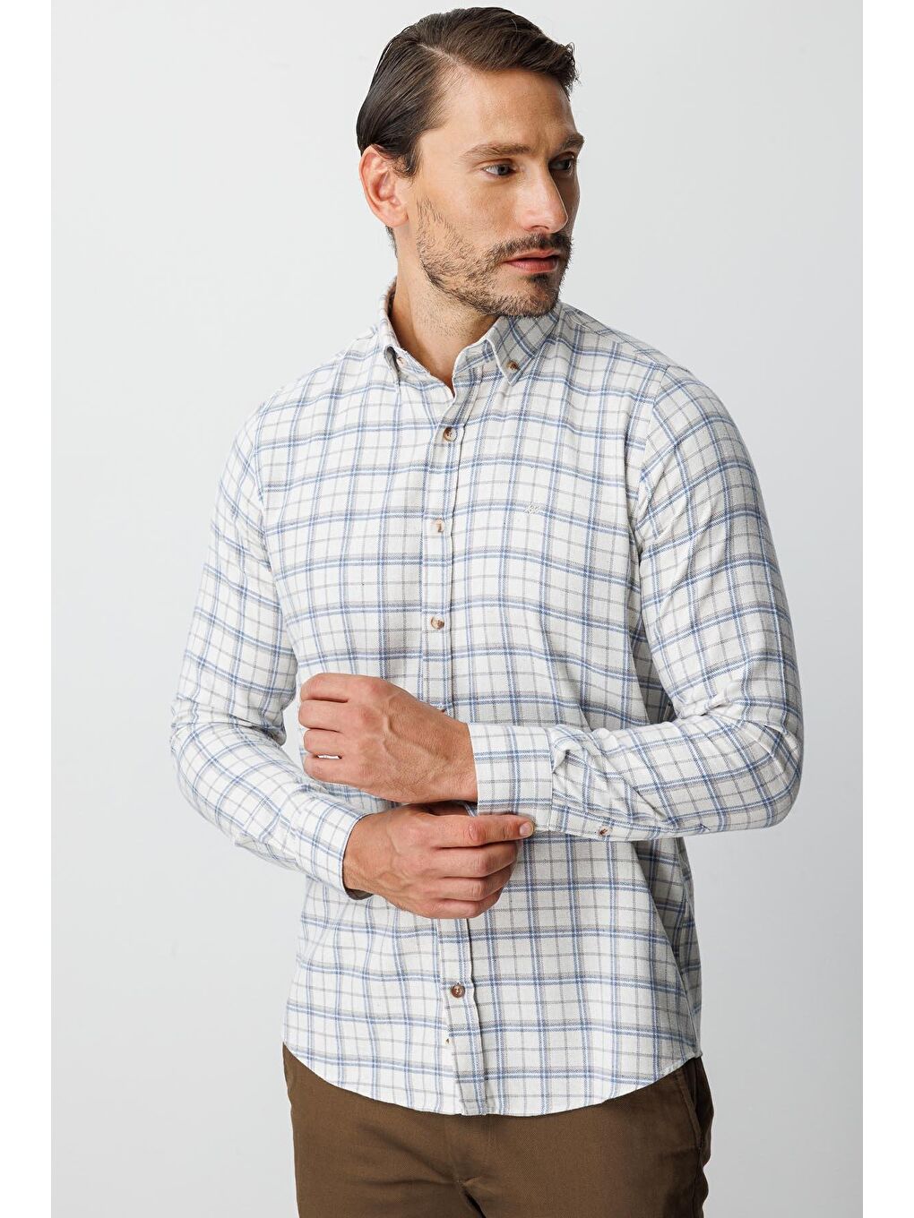 Kahverengi Ekru Dynamic Fit Düğmeli Yaka Ekose Uzun Kollu Pamuklu Gömlek-2