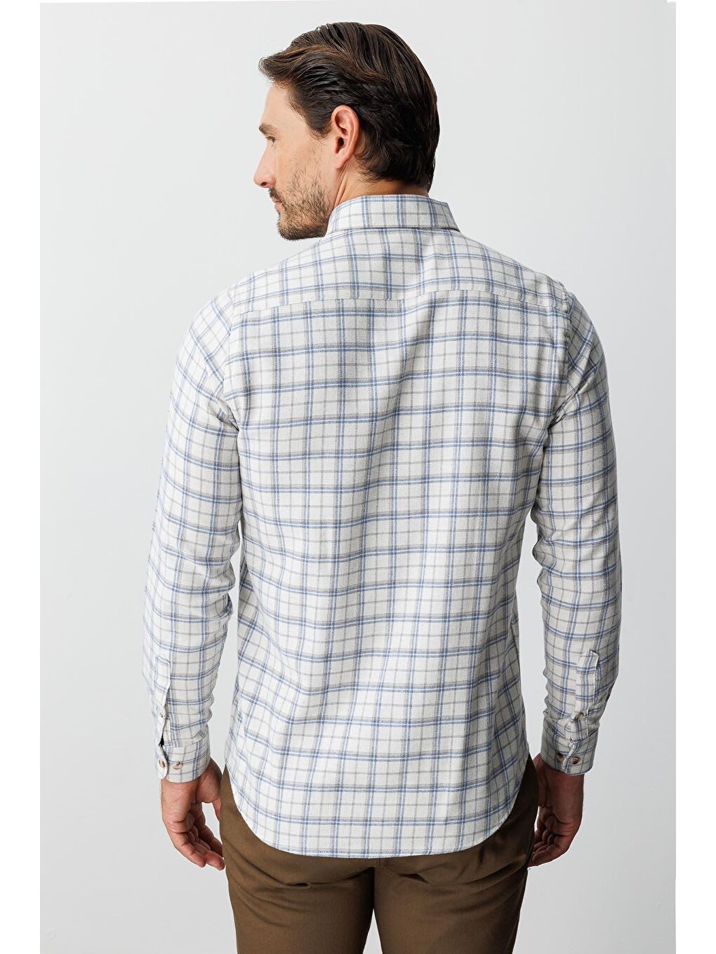 Kahverengi Ekru Dynamic Fit Düğmeli Yaka Ekose Uzun Kollu Pamuklu Gömlek-3