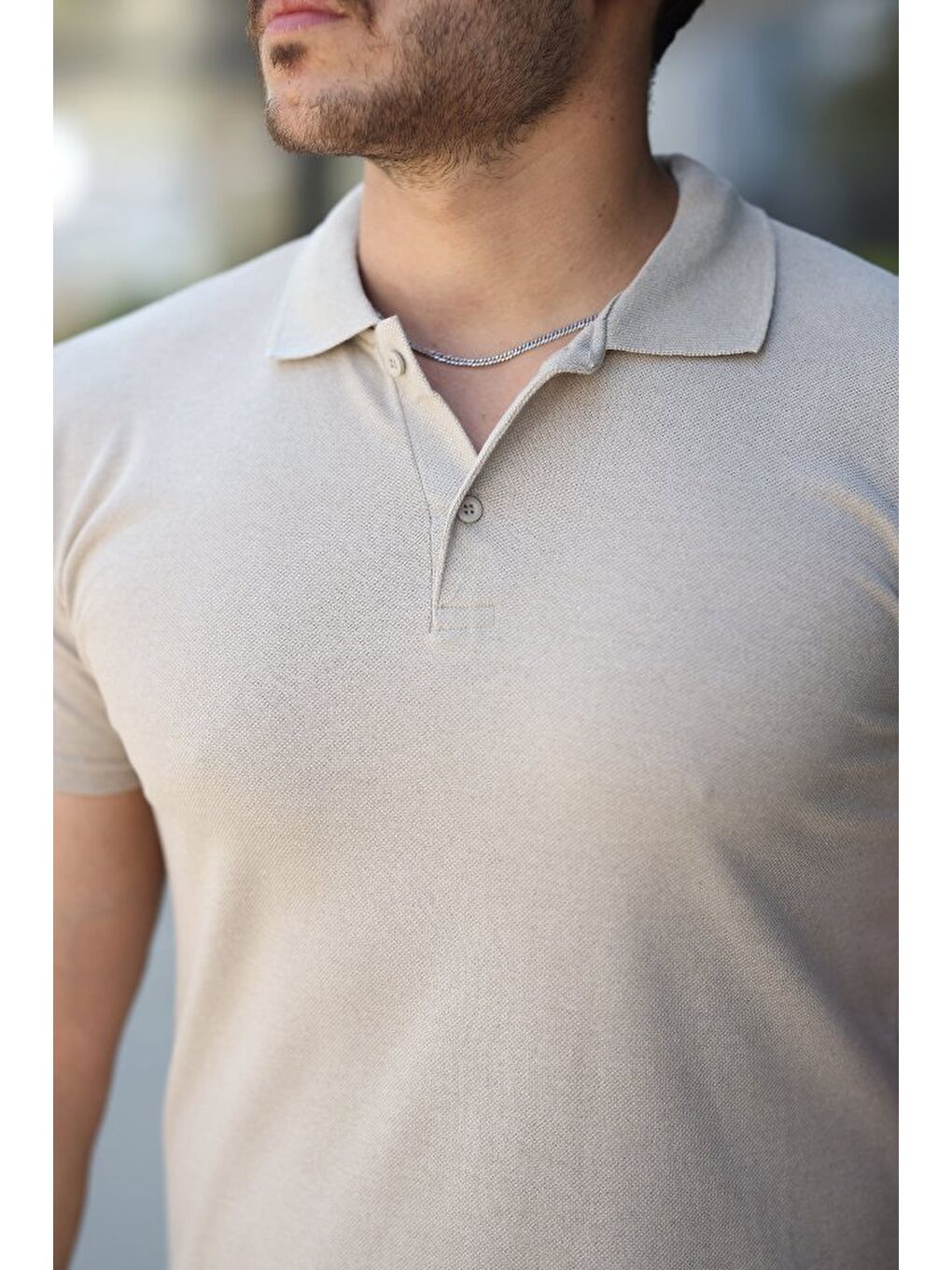 Bej Erkek Kısa Kollu Yakalı Tişört-2