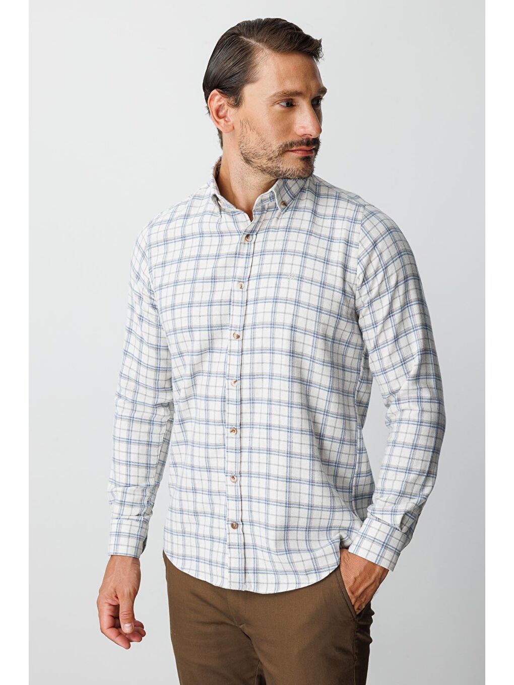 Kahverengi Ekru Dynamic Fit Düğmeli Yaka Ekose Uzun Kollu Pamuklu Gömlek-4