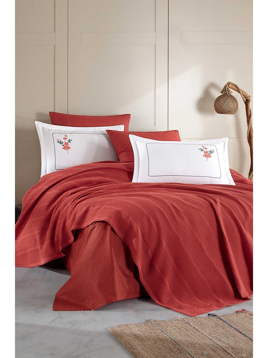 Kahverengi Pamuk Pike Seti Çift Kişilik 6 Parça Flores Tarçın