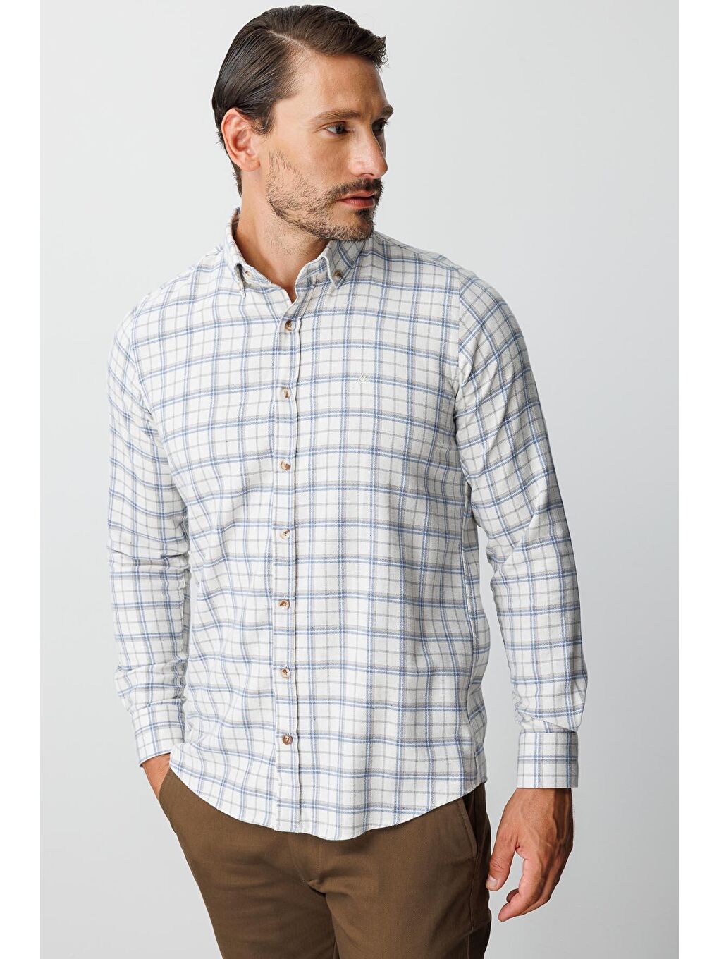 Kahverengi Ekru Dynamic Fit Düğmeli Yaka Ekose Uzun Kollu Pamuklu Gömlek-5