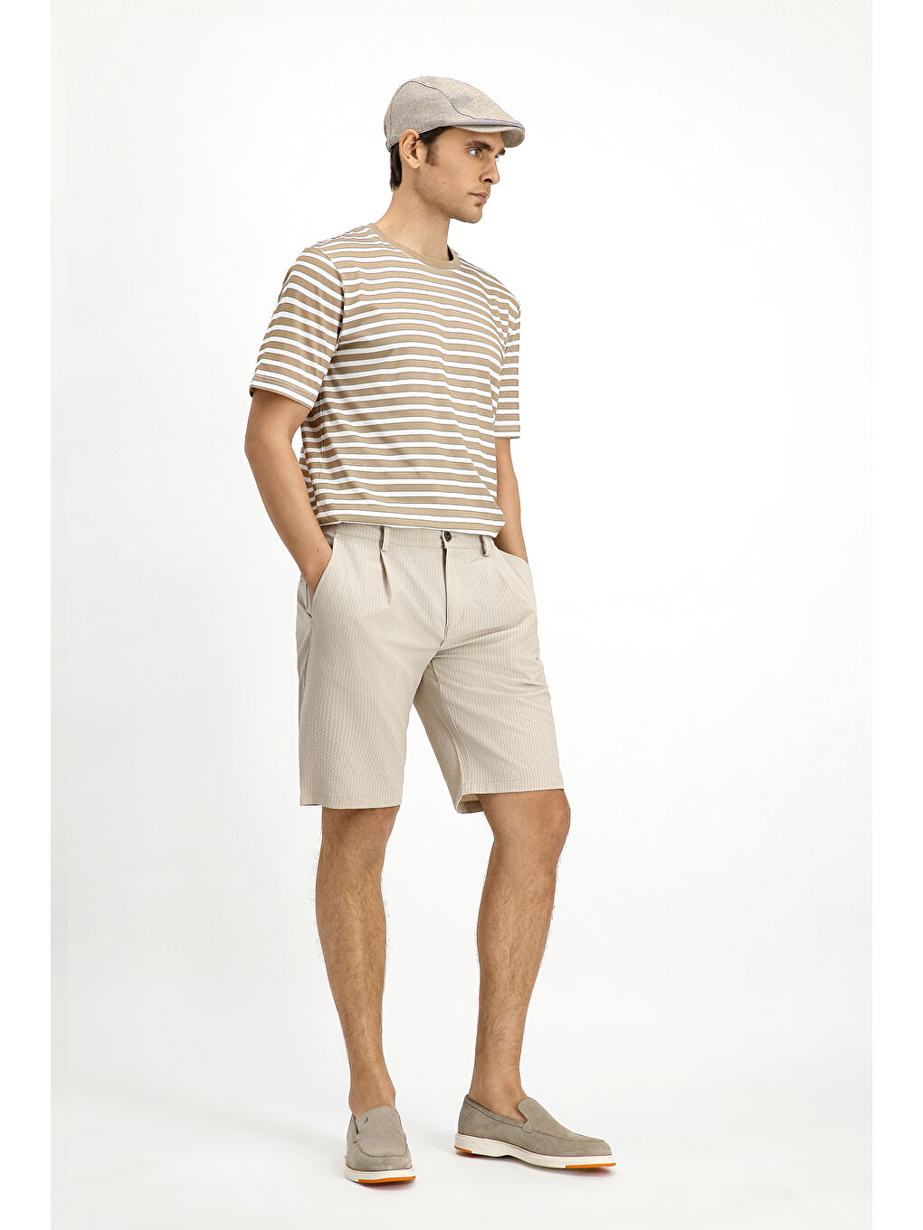 Bej Bisiklet Yaka Regular Fit Pamuk Çizgili Tişört