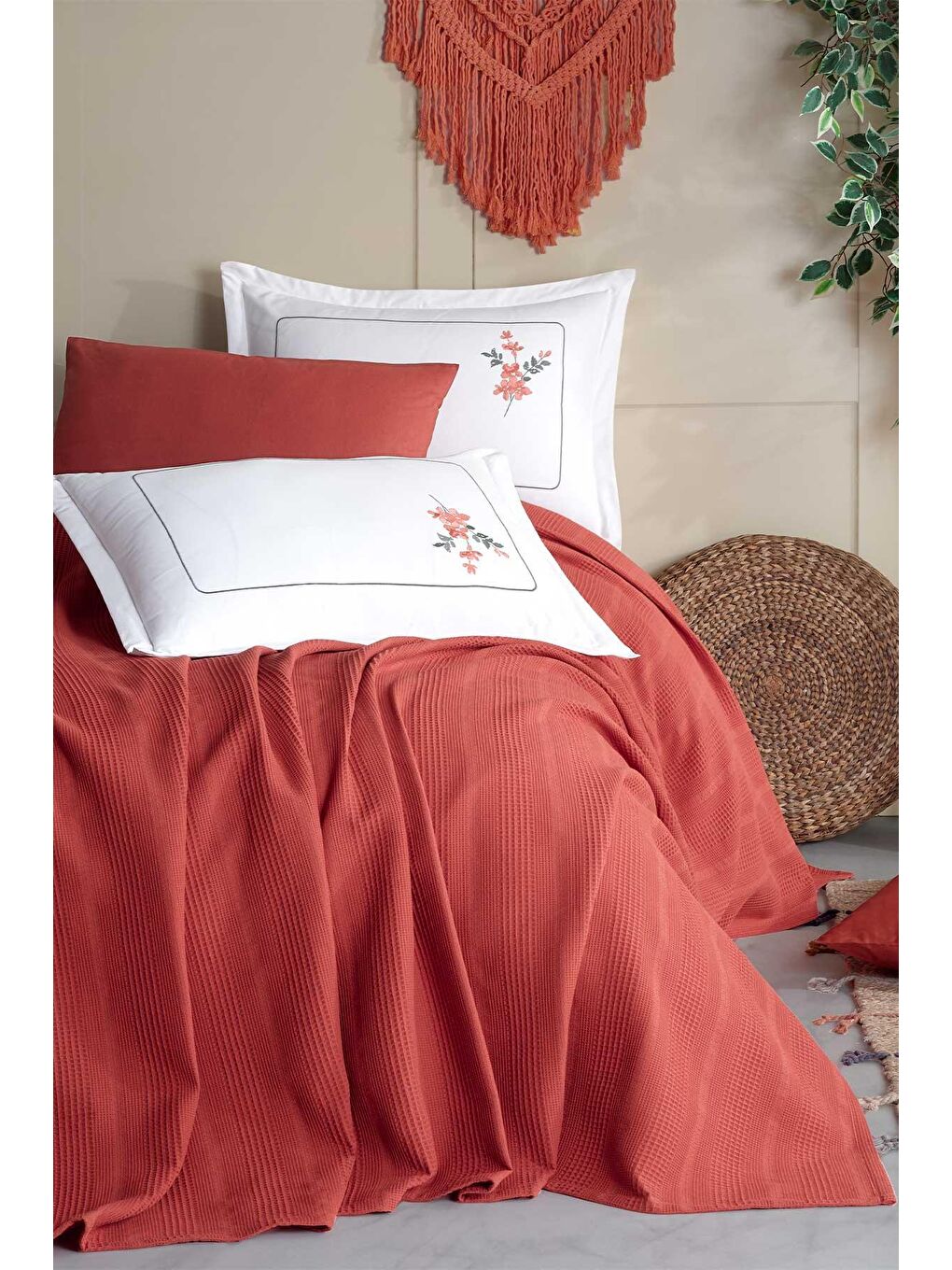 Kahverengi Pamuk Pike Seti Çift Kişilik 6 Parça Flores Tarçın-1