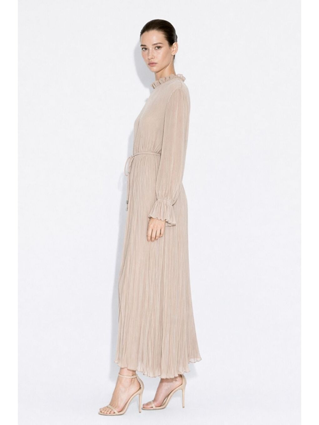 Bej Full Piliseli Maksi Taş Rengi Elbise-1