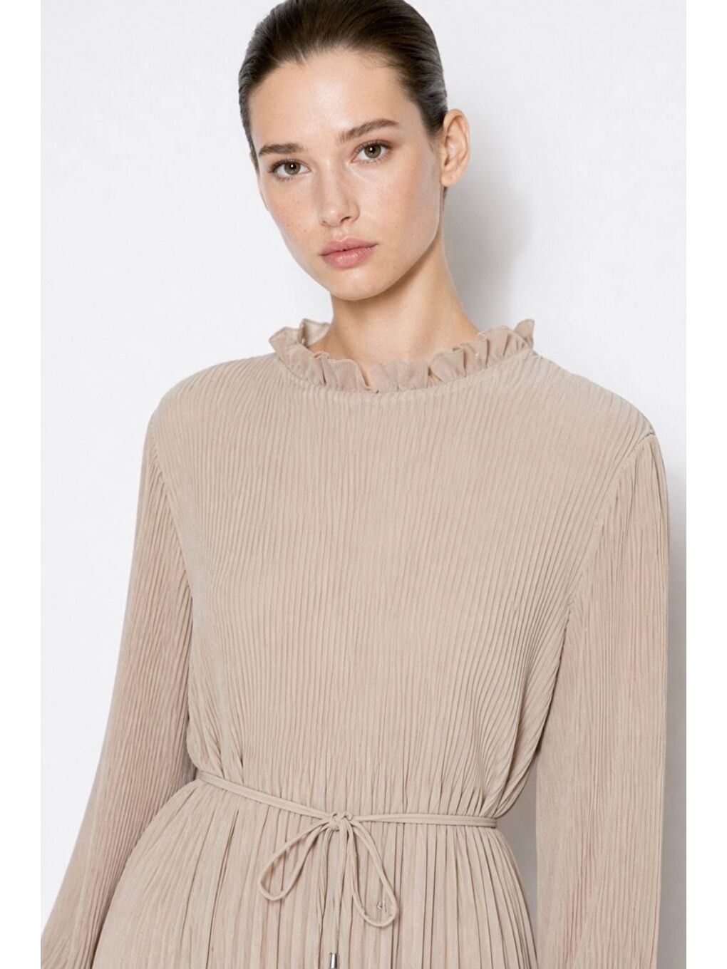 Bej Full Piliseli Maksi Taş Rengi Elbise-2