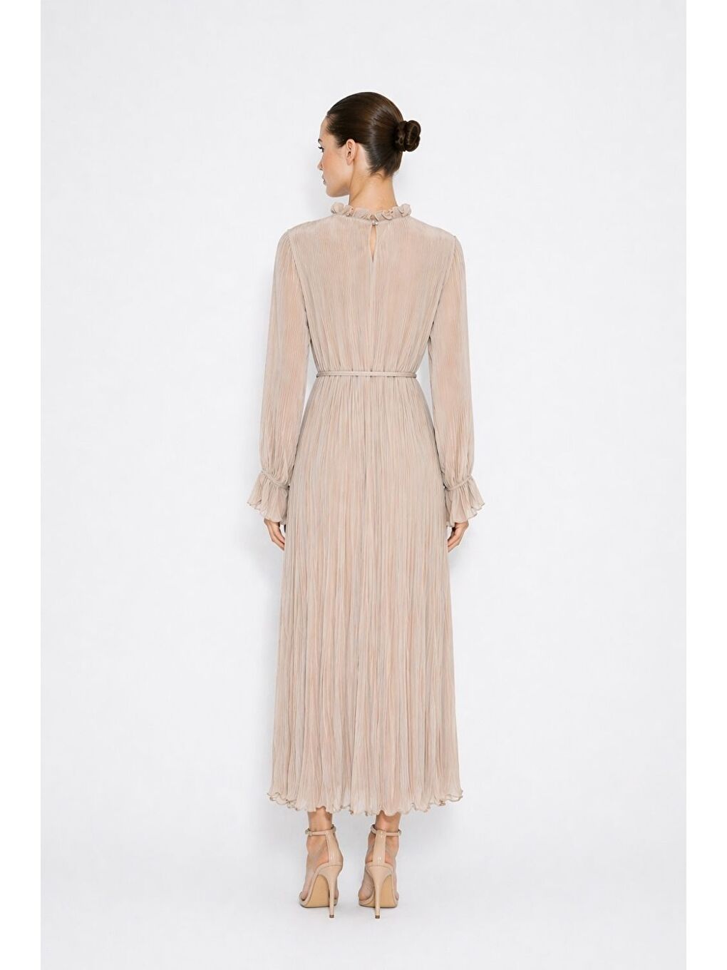 Bej Full Piliseli Maksi Taş Rengi Elbise-3