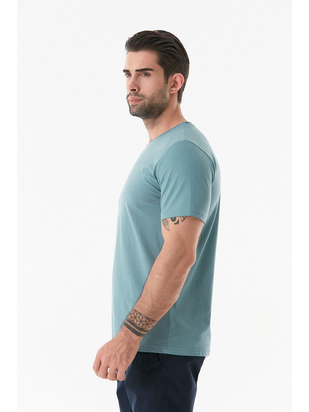 Yeşil Basic Bisiklet Yaka %100 Pamuk Tişört-2