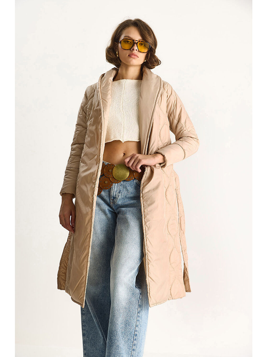 Ekru Kadın Kuşaklı Şal Yaka Kapitone Kaban-1