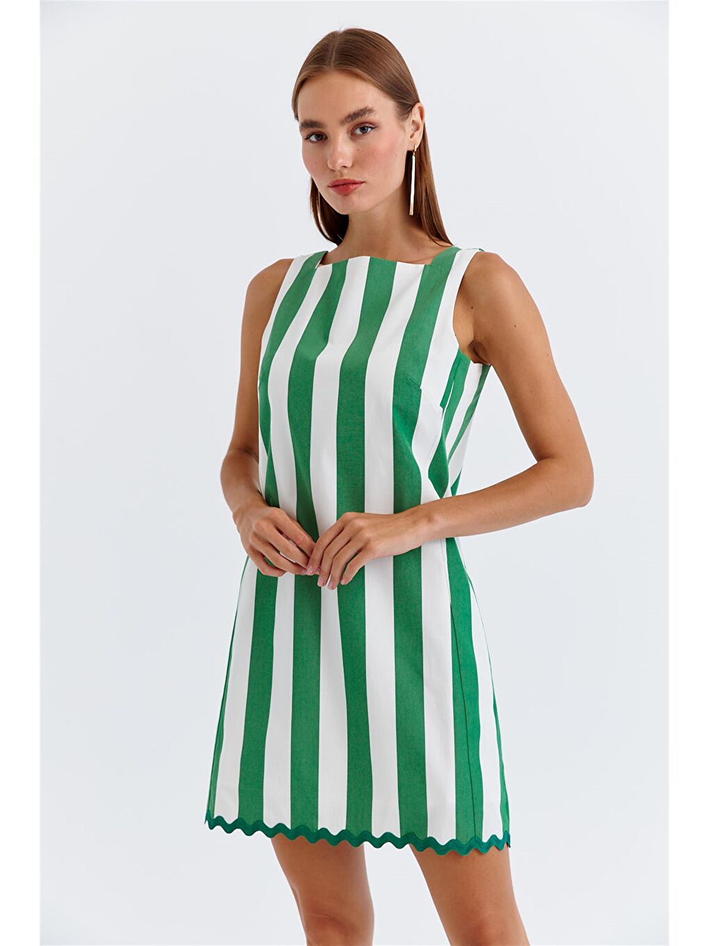 Çizgili Askılı Yeşil Mini Elbise-1