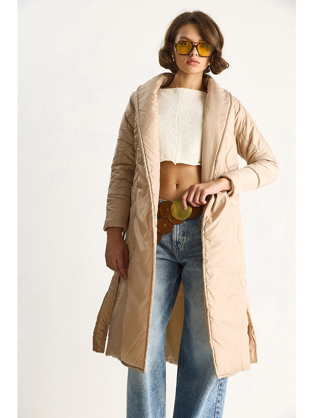 Ekru Kadın Kuşaklı Şal Yaka Kapitone Kaban-2