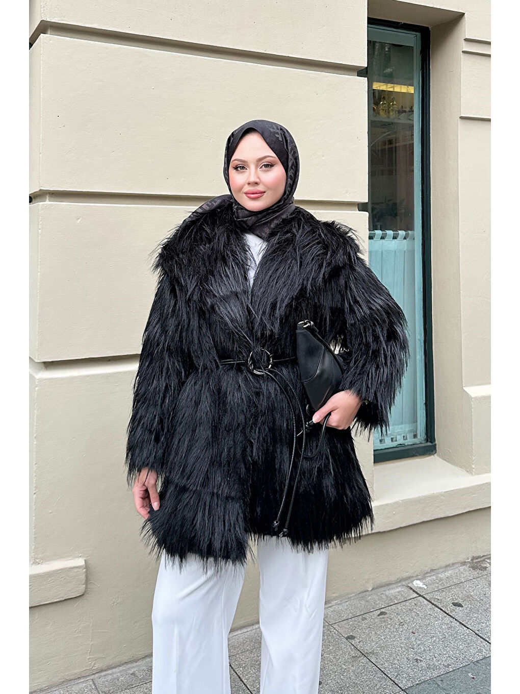 Kadın Halka Kemer Detay Kaban Siyah