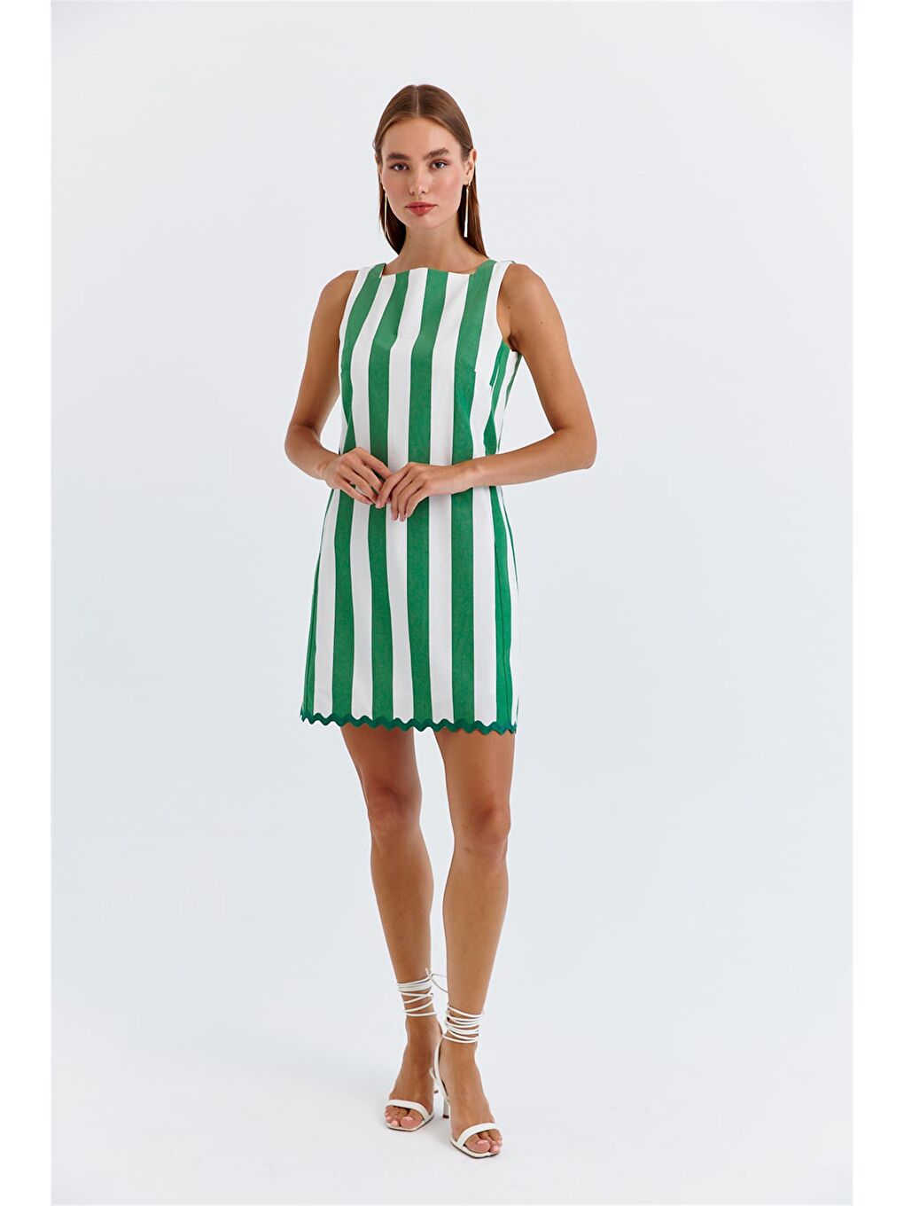 Çizgili Askılı Yeşil Mini Elbise-2