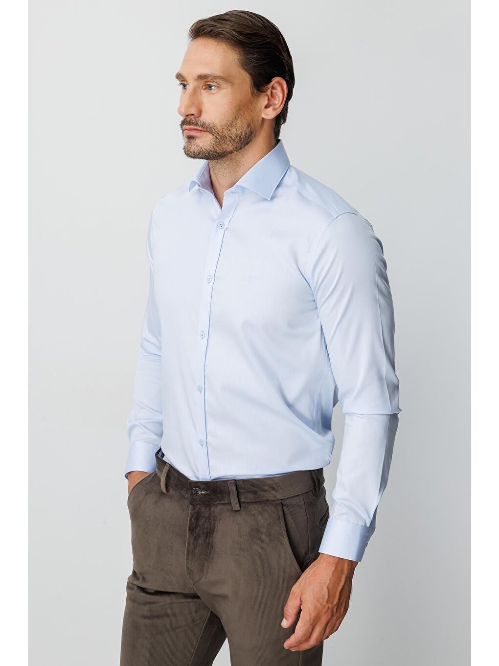 Mavi Slim Fit Dar Kalıp Klasik Yaka Düz Uzun Kollu Cepsiz %100 Pamuk Non Iron Ütü İstemeyen Gömlek-1